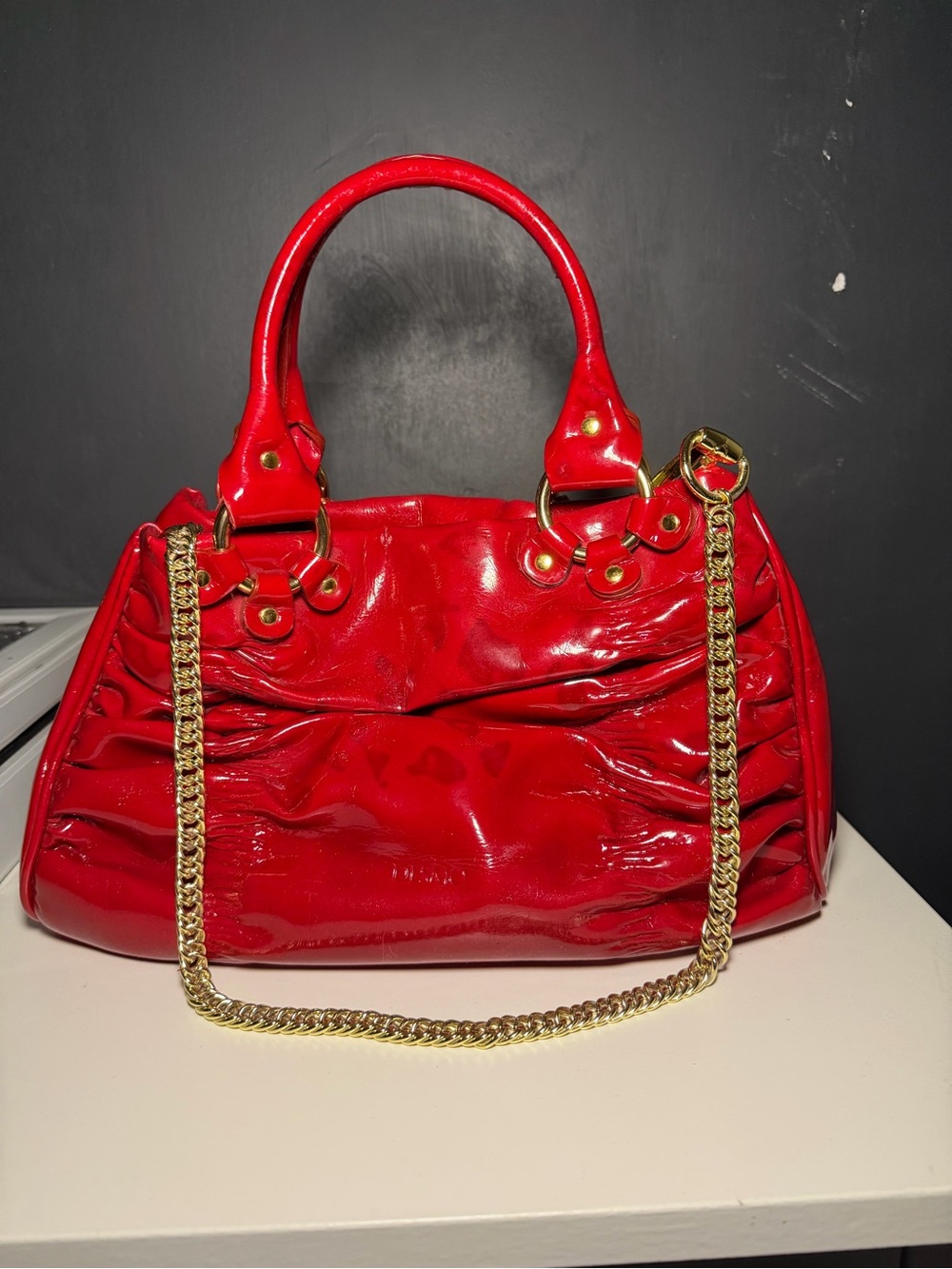 Red Patent Ruched Shoulder Bag with Gold Chain Strap